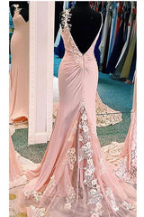 Mermaid V-Neck Spaghetti Straps Long Prom Dresses, Appliques Party Dress