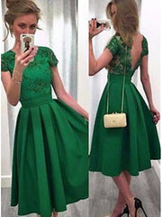 A-Line Scoop Cap Sleeve Green Satin Cocktail Party Dress with V-Back