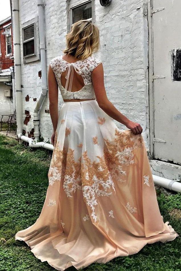 Lace Appliques Two Piece Prom Dresses, Long Keyhole Graduation Dresses