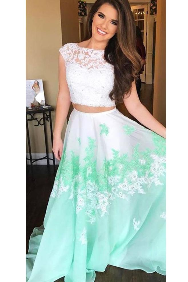 Lace Appliques Two Piece Prom Dresses, Long Keyhole Graduation Dresses