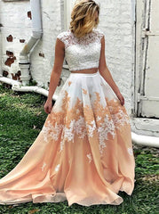 Lace Appliques Two Piece Prom Dresses, Long Keyhole Graduation Dresses