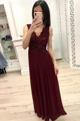 Lace Chiffon V-Neck Long Prom Dress, Burgundy Bridesmaid Dress