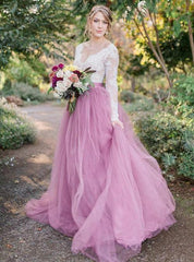 Lace Long Sleeves Tulle A-Line Wedding Dress with Bowknot