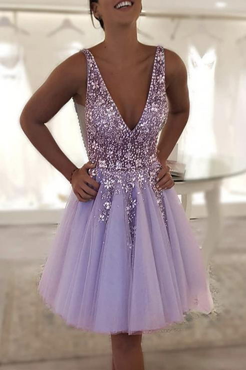 Lavender Beaded Homecoming Dresses, Tulle V-Neck Freshman Hoco Gown