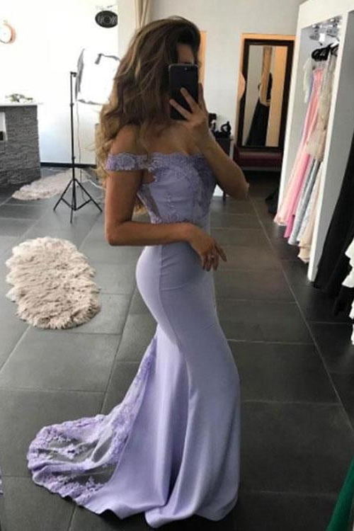 Lavender Off-The-Shoulder Lace Satin Mermaid Prom Dresses