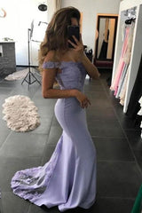 Lavender Off-The-Shoulder Lace Satin Mermaid Prom Dresses