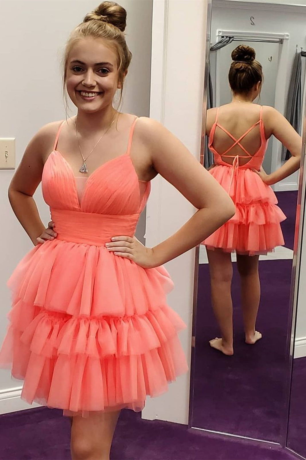 Charming Layered Coral V-Neck Tulle Short Homecoming Dress