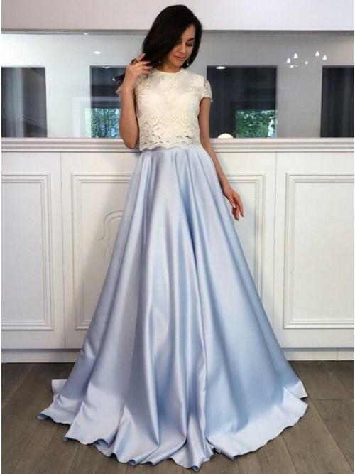 Cap Sleeve A-Line Light Blue Satin Long Prom Dress with Lace