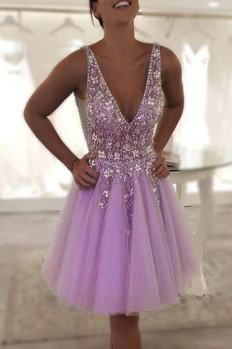 Lavender Beaded Homecoming Dresses, Tulle V-Neck Freshman Hoco Gown