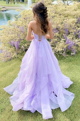Lilac Sparkly Prom Dresses Long V-Neck Formal Evening Dresses