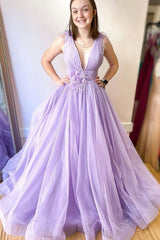 Lilac Tulle Long Prom Dresses, Long V-Neck Formal Evening Dress