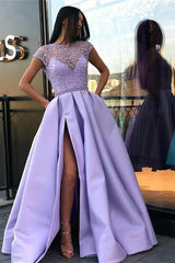 Lilac Long Beading Prom Dresses with Cap Sleeves, Slit Evening Dress