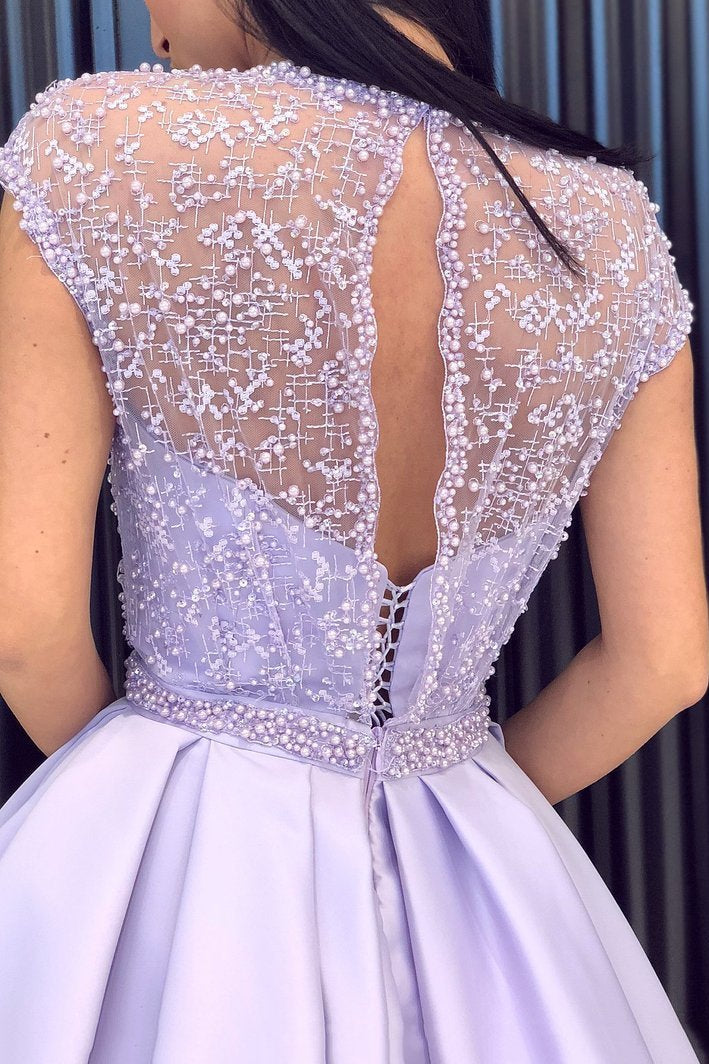 Lilac Long Beading Prom Dresses with Cap Sleeves, Slit Evening Dress