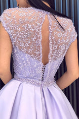 Lilac Long Beading Prom Dresses with Cap Sleeves, Slit Evening Dress
