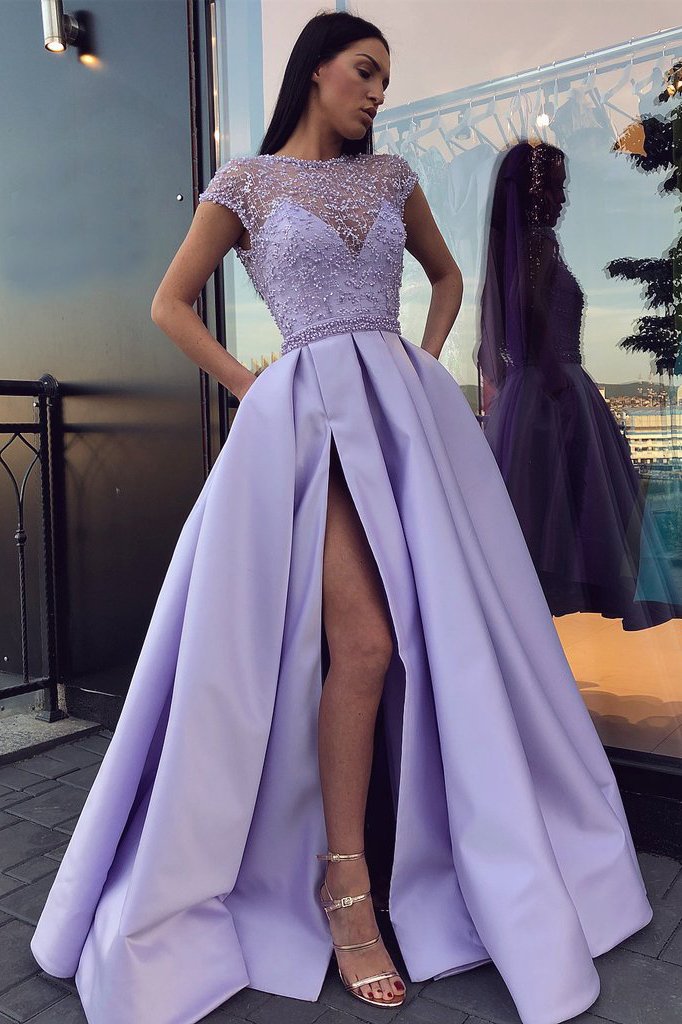 Lilac Long Beading Prom Dresses with Cap Sleeves, Slit Evening Dress