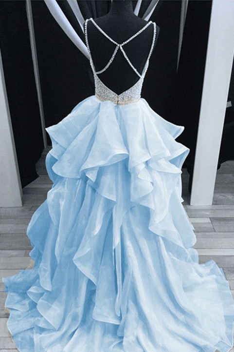Baby Blue Long Prom Dresses, Backless Spaghetti Formal Dresses with Beading
