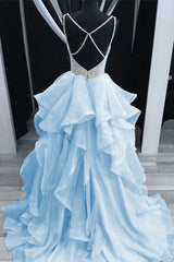Baby Blue Long Prom Dresses, Backless Spaghetti Formal Dresses with Beading