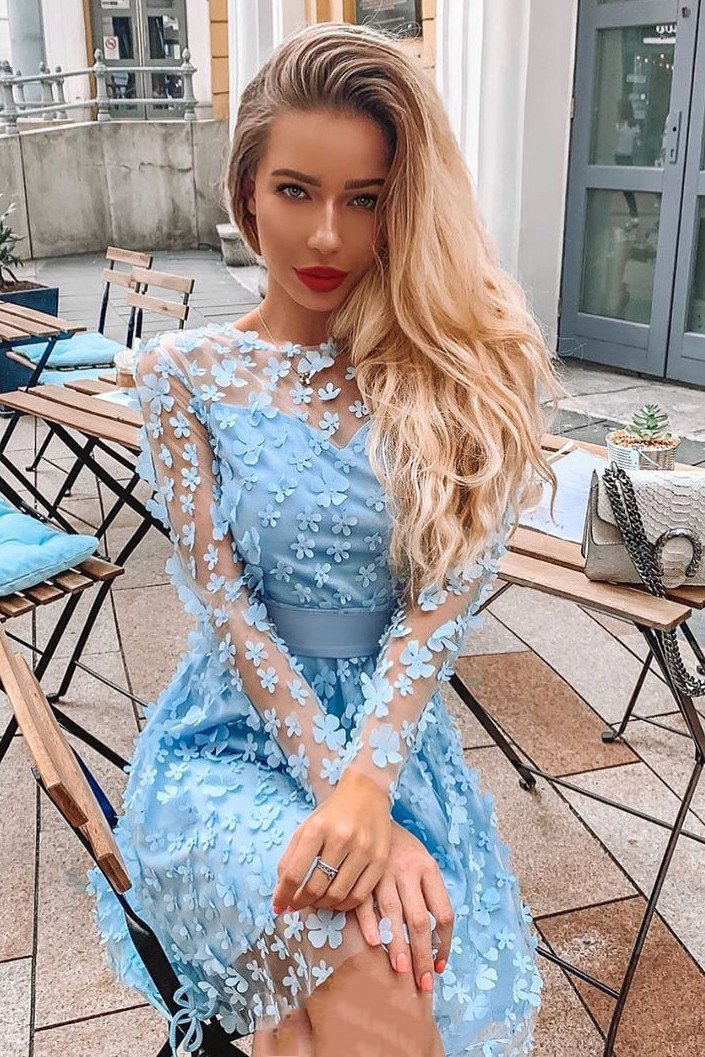 Jewel Appliques Long Sleeves Short Prom Dresses, Blue Homecoming Dresses