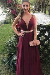 A-Line Burgundy Spaghetti Strap Long Prom Dress with Waist Beading