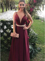 A-Line Burgundy Spaghetti Strap Long Prom Dress with Waist Beading