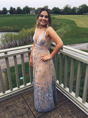 A-Line V-Neck Floor-Length Tulle Long Prom Dress