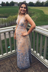 A-Line V-Neck Floor-Length Tulle Long Prom Dress