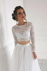 Long Sleeve Lace Ivory Two Piece Tulle Boho Beach Wedding Dresses