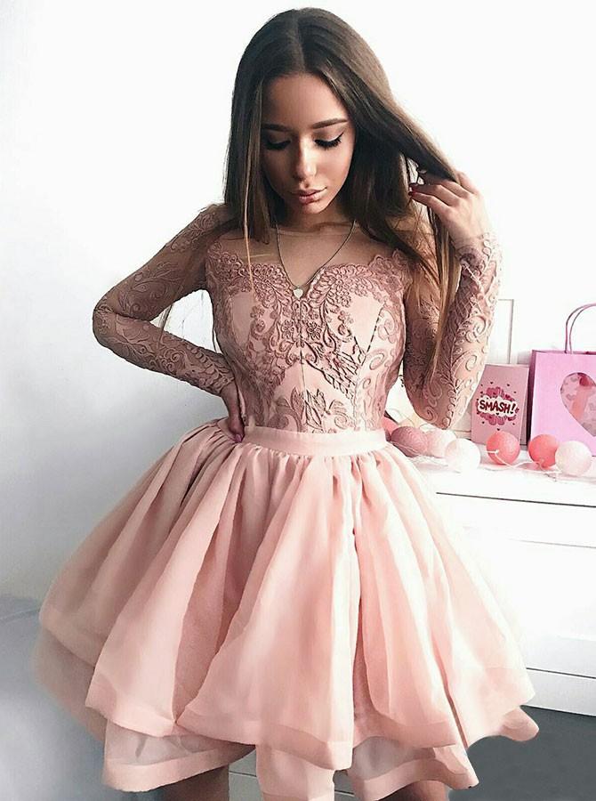 A-Line V-Neck Lace Applique Long Sleeves Graduation Homecoming Dress