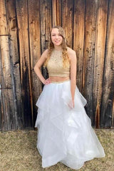 Two Pieces Long Zipper Back Lace Princess Tulle Prom Dresses