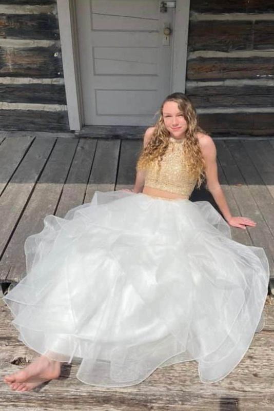 Two Pieces Long Zipper Back Lace Princess Tulle Prom Dresses