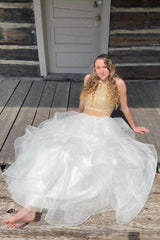 Two Pieces Long Zipper Back Lace Princess Tulle Prom Dresses