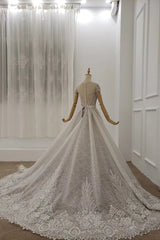 Cap Sleeves Sheer Neckline Beaded Formal Dresses with Detachable Train