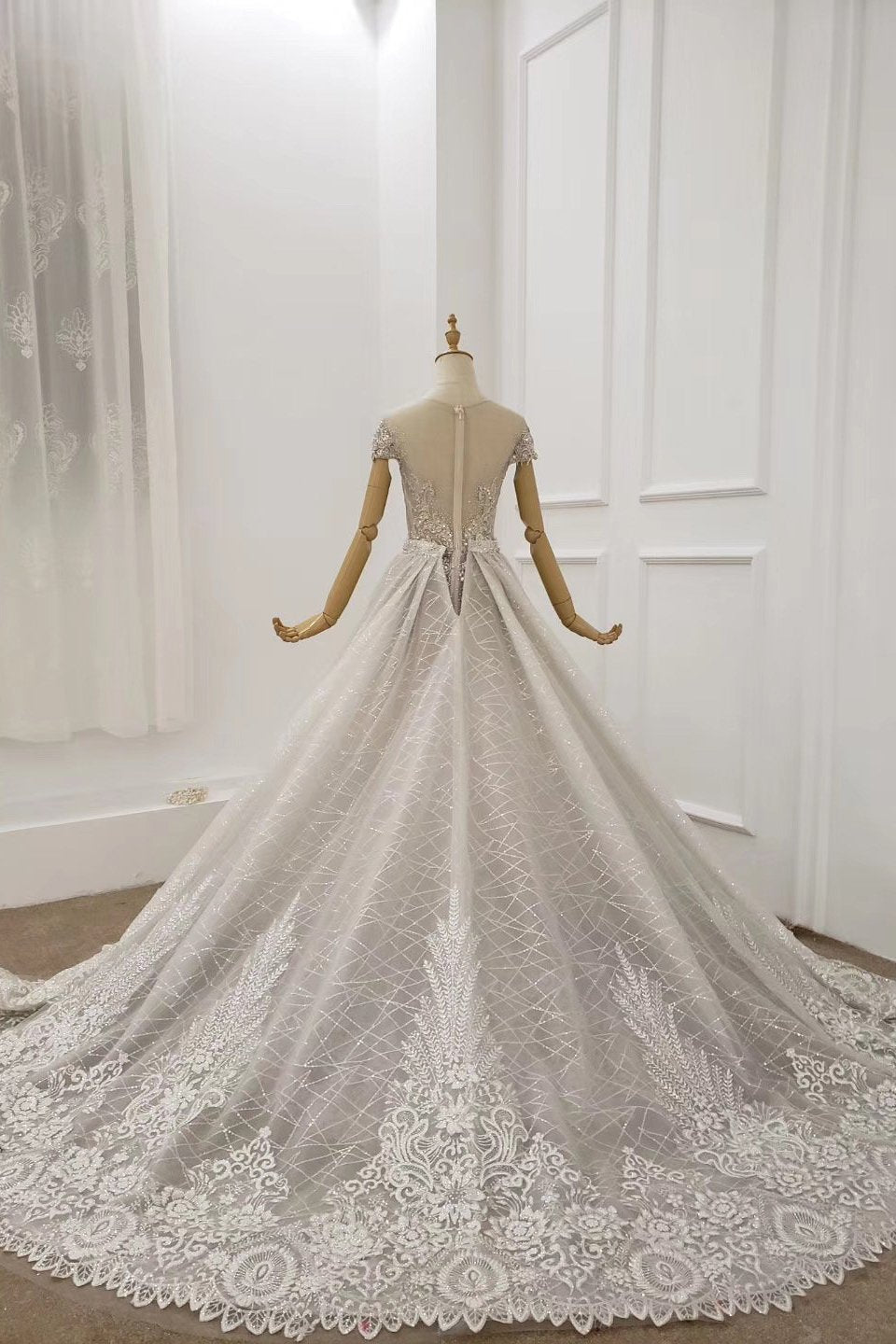 Cap Sleeves Sheer Neckline Beaded Formal Dresses with Detachable Train