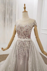 Cap Sleeves Sheer Neckline Beaded Formal Dresses with Detachable Train