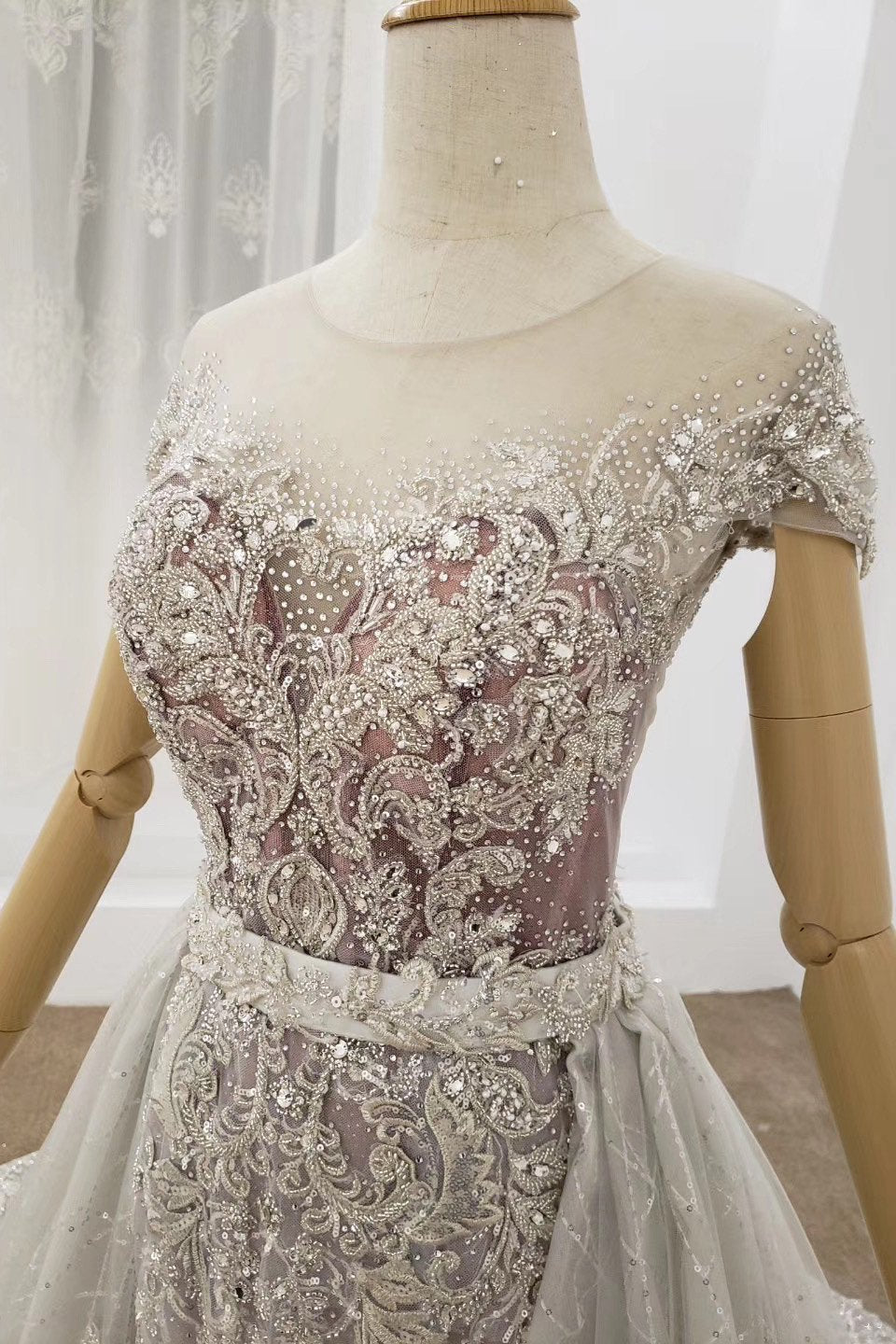 Cap Sleeves Sheer Neckline Beaded Formal Dresses with Detachable Train