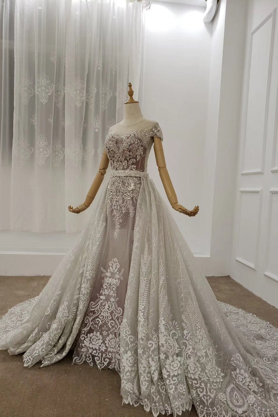 Cap Sleeves Sheer Neckline Beaded Formal Dresses with Detachable Train