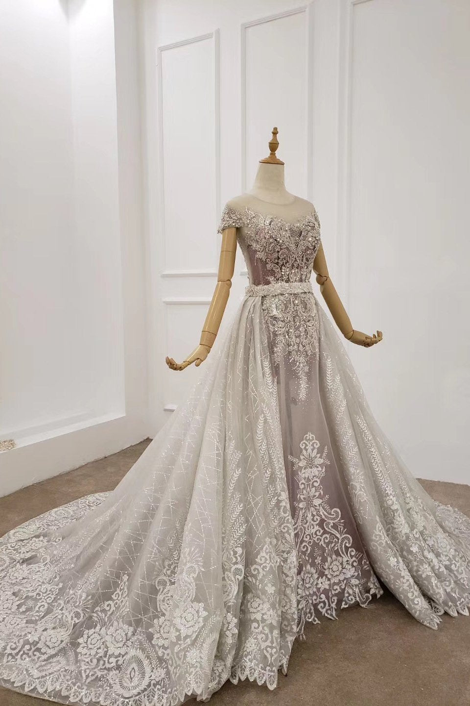 Cap Sleeves Sheer Neckline Beaded Formal Dresses with Detachable Train