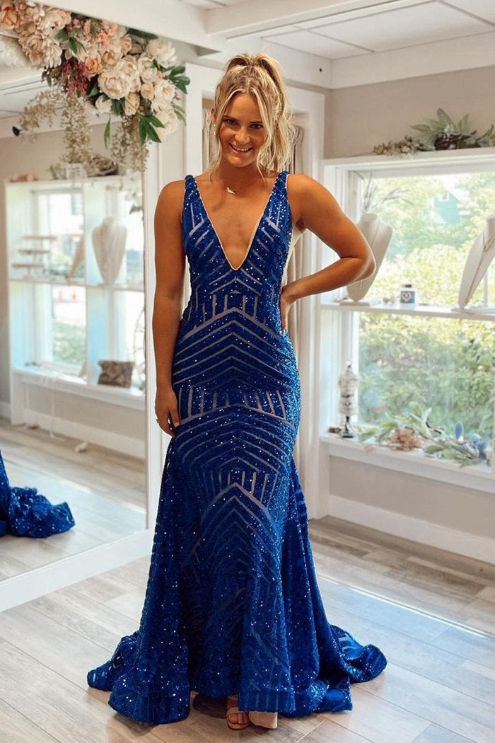 Gorgeous Burgundy V-Neck Mermaid Sequin Long Prom Dresses