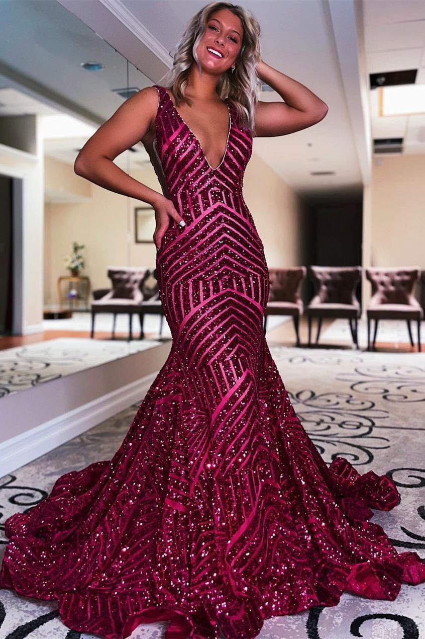 Gorgeous Burgundy V-Neck Mermaid Sequin Long Prom Dresses