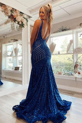 Gorgeous Burgundy V-Neck Mermaid Sequin Long Prom Dresses