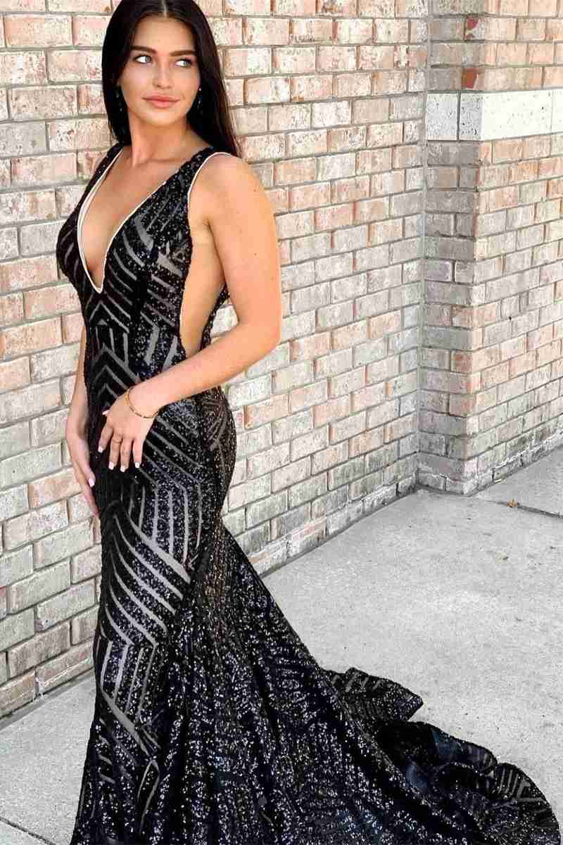 Gorgeous Burgundy V-Neck Mermaid Sequin Long Prom Dresses