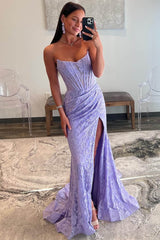 Lavender Lace Mermaid Pleated Long Prom Dresses, Slit Evening Gown