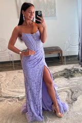 Lavender Lace Mermaid Pleated Long Prom Dresses, Slit Evening Gown