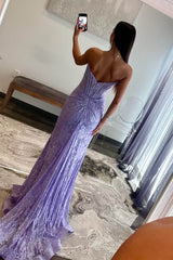 Lavender Lace Mermaid Pleated Long Prom Dresses, Slit Evening Gown