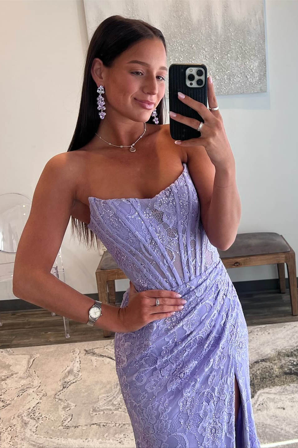 Lavender Lace Mermaid Pleated Long Prom Dresses, Slit Evening Gown