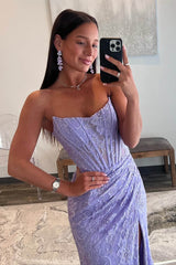Lavender Lace Mermaid Pleated Long Prom Dresses, Slit Evening Gown
