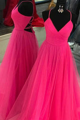 Fluorescent Fuchsia Spaghetti Straps Long Prom Dresses with Split