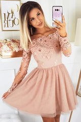 Lace Long Sleeve A-Line Homecoming Dresses, Off-Shoulder Tulle Sweet 16 Dress