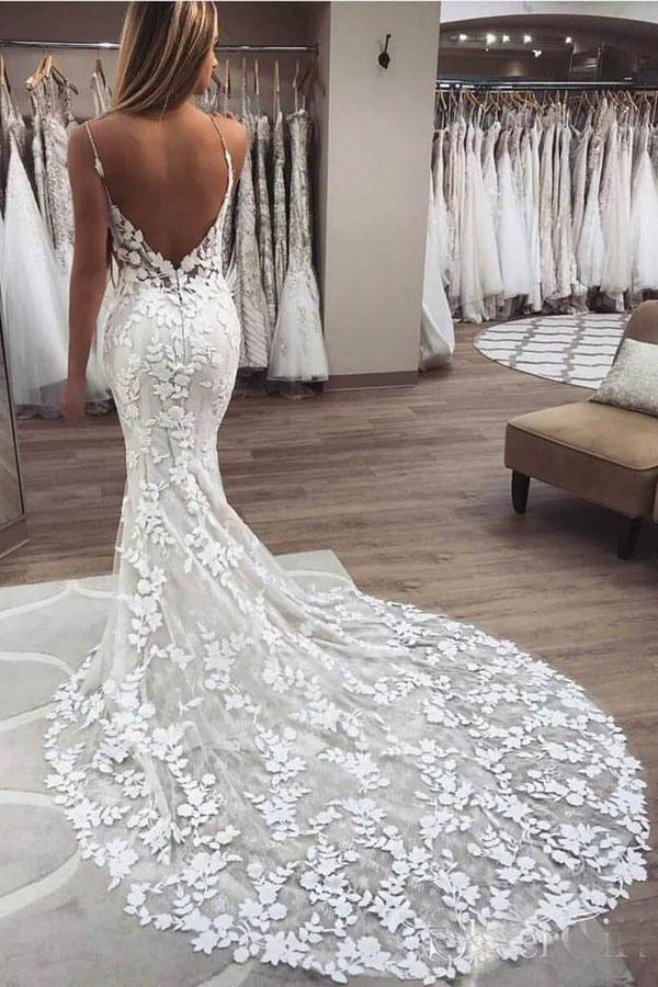 Spaghetti Strap Backless Mermaid Lace Wedding Dresses with Appliques