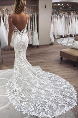 Spaghetti Strap Backless Mermaid Lace Wedding Dresses with Appliques